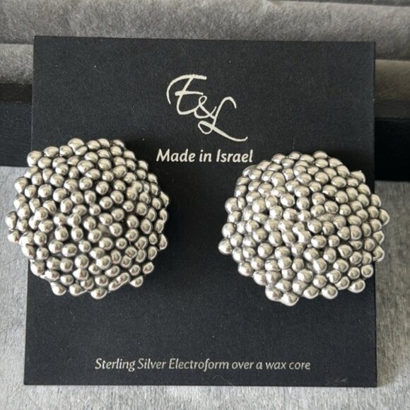 E&L Sterling Silver Bubble Round Popcorn Earrings Electroform Israel NEW - Picture 5 of 9